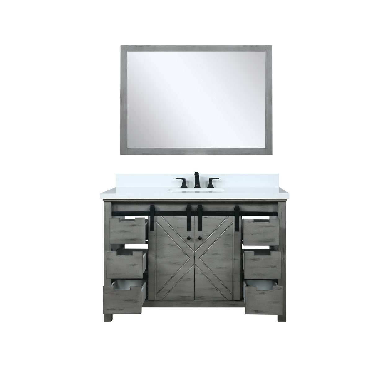 Marsyas 48" Ash Grey Single Vanity, White Quartz Top, White Square Sink and 44" Mirror w/ Faucet