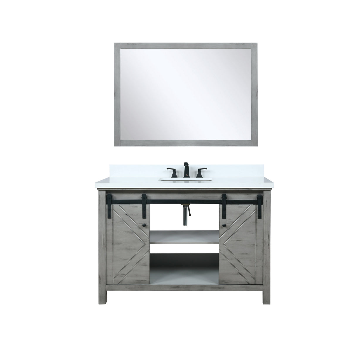 Marsyas 48" Ash Grey Single Vanity, White Quartz Top, White Square Sink and 44" Mirror w/ Faucet
