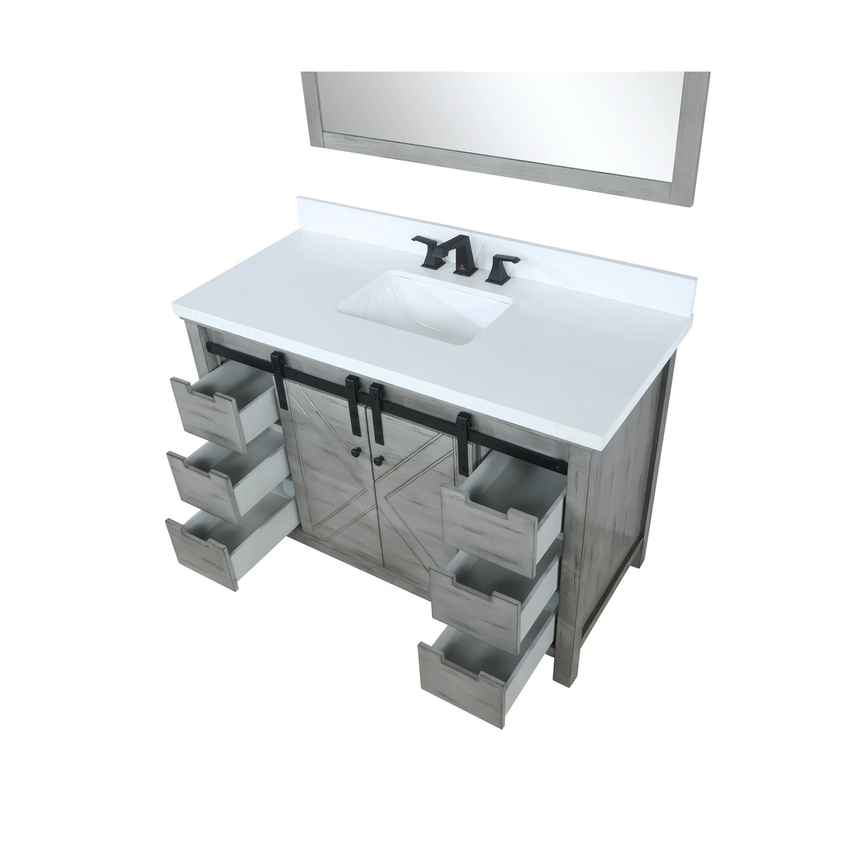 Marsyas 48" Ash Grey Single Vanity, White Quartz Top, White Square Sink and 44" Mirror w/ Faucet