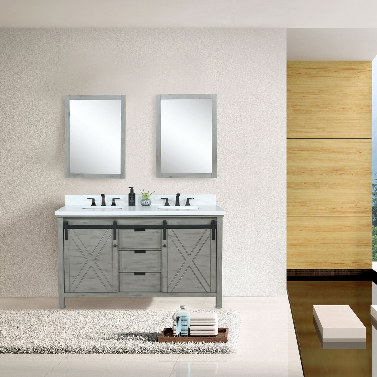 Marsyas 60" Ash Grey Double Vanity, White Quartz Top, White Square Sinks and 24" Mirrors