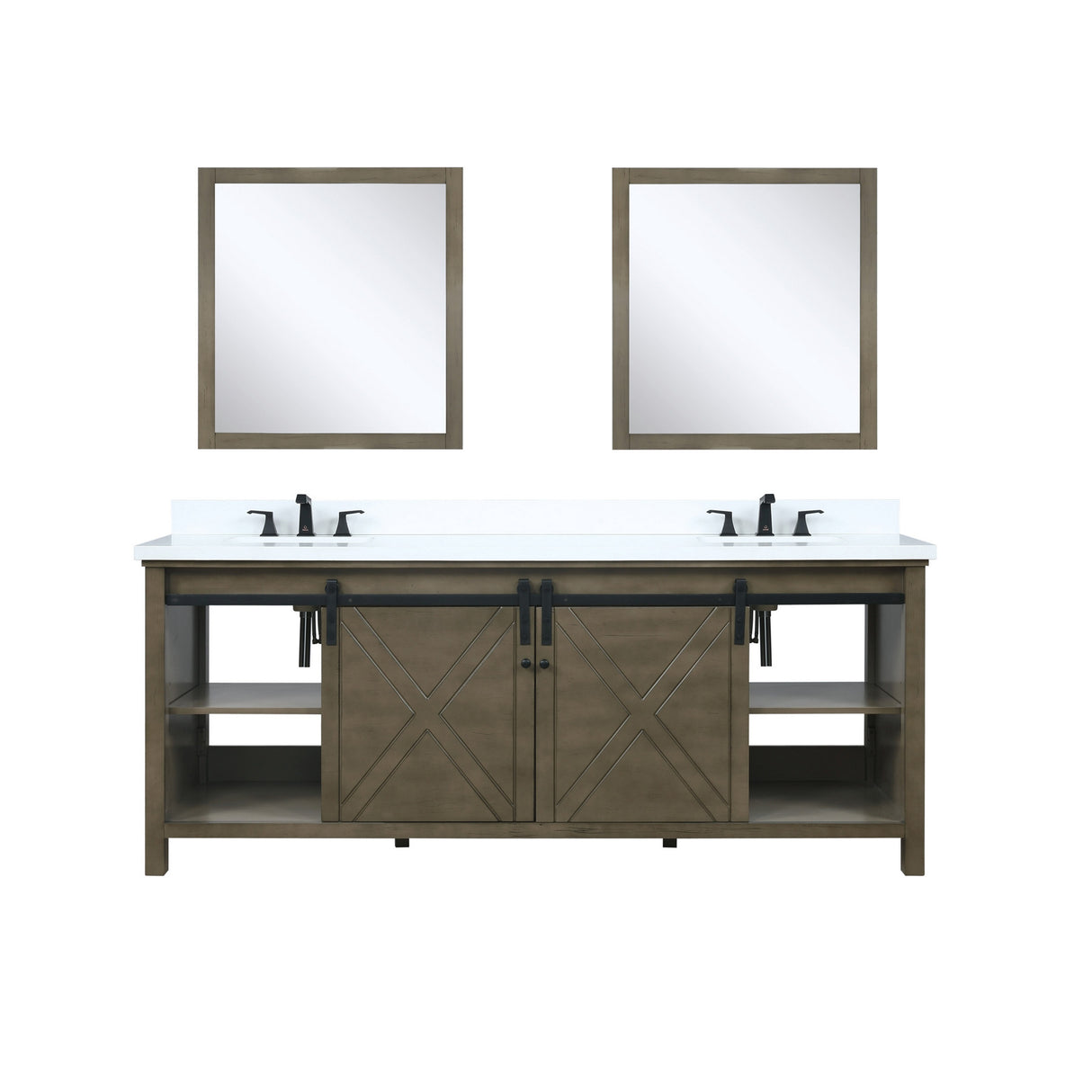 Marsyas 80" Rustic Brown Double Vanity, White Quartz Top, White Square Sinks and 30" Mirrors