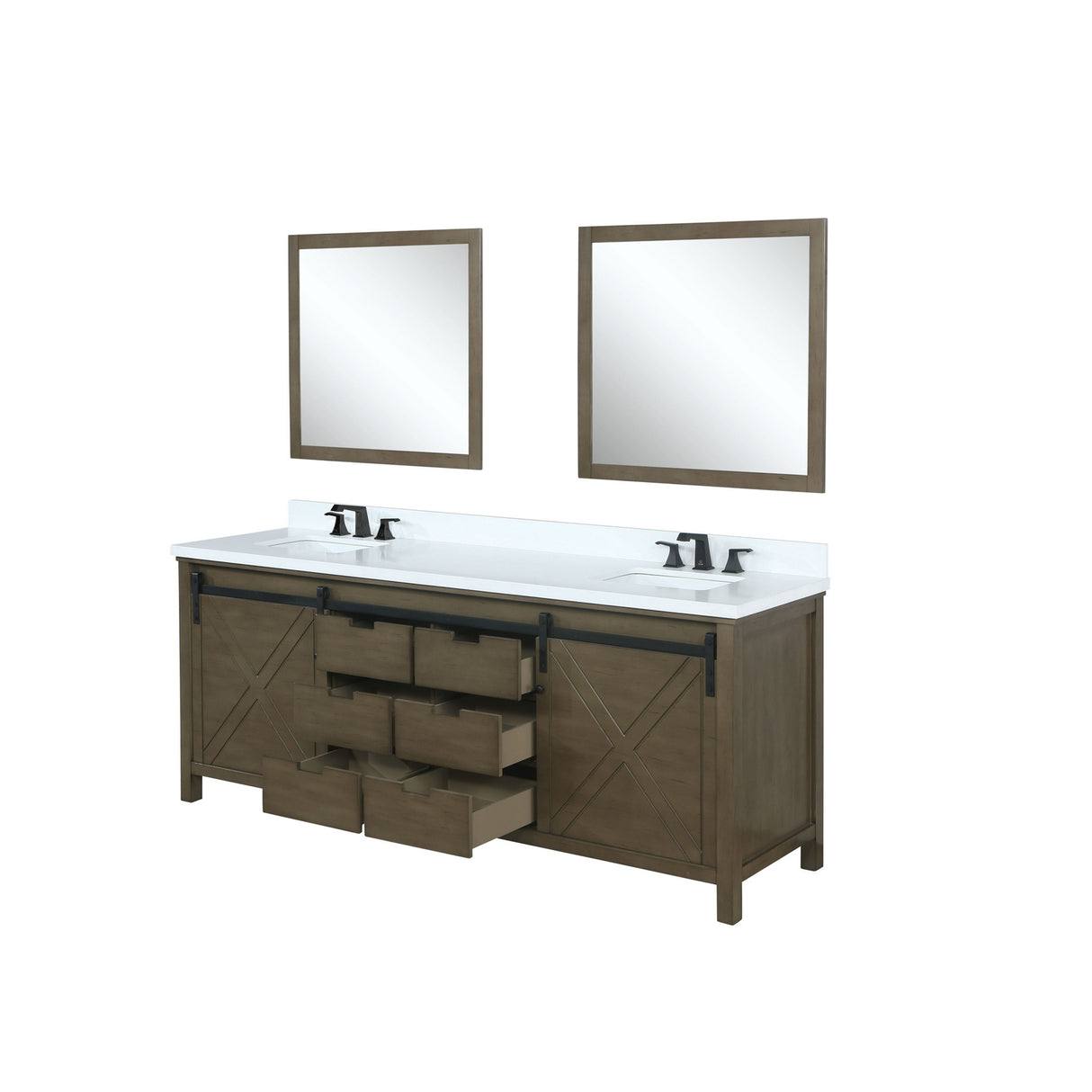 Marsyas 80" Rustic Brown Double Vanity, White Quartz Top, White Square Sinks and 30" Mirrors