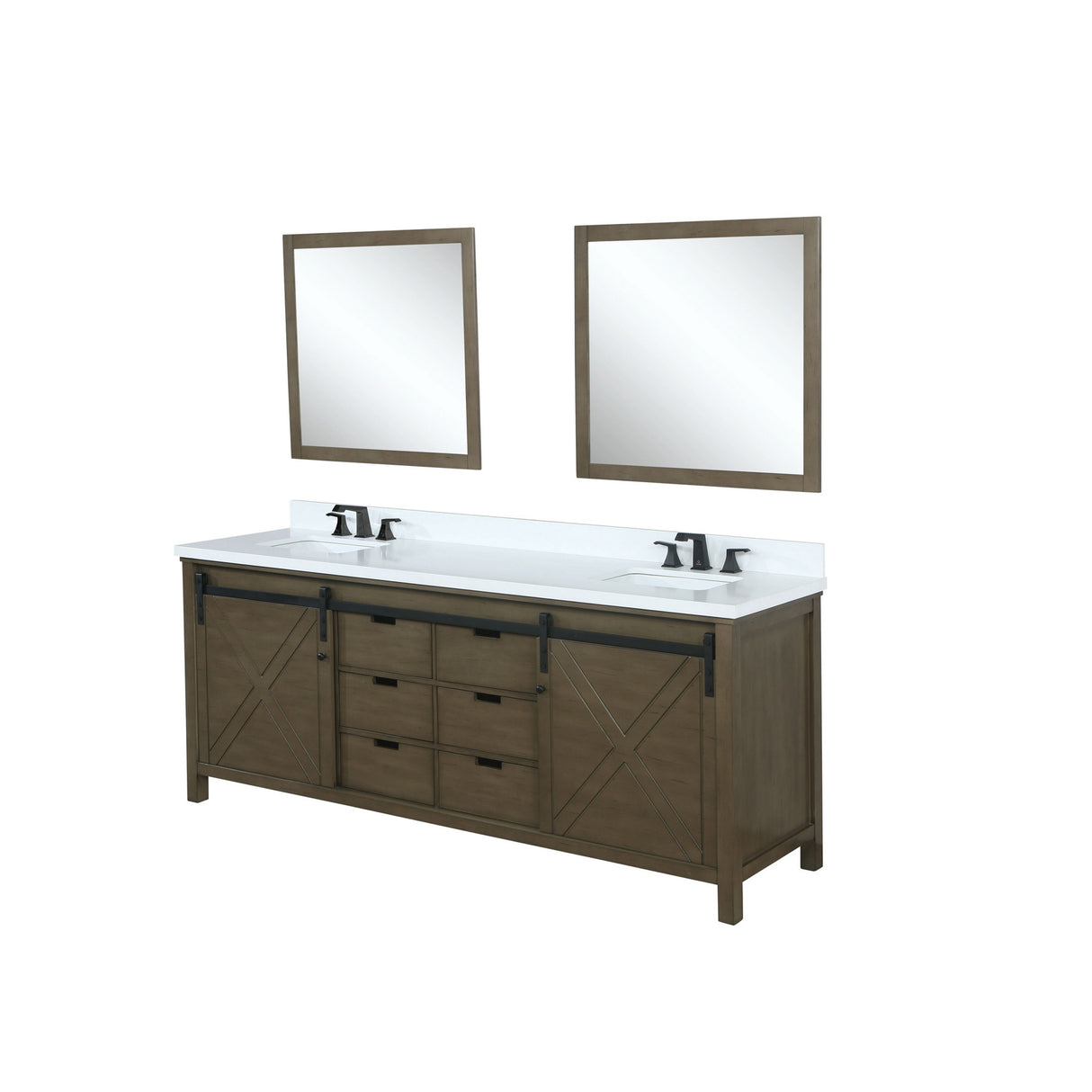 Marsyas 80" Rustic Brown Double Vanity, White Quartz Top, White Square Sinks and 30" Mirrors