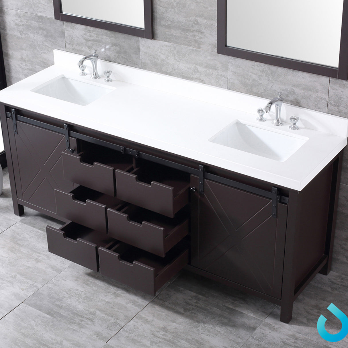 Marsyas 80" Rustic Brown Double Vanity, White Quartz Top, White Square Sinks and 30" Mirrors