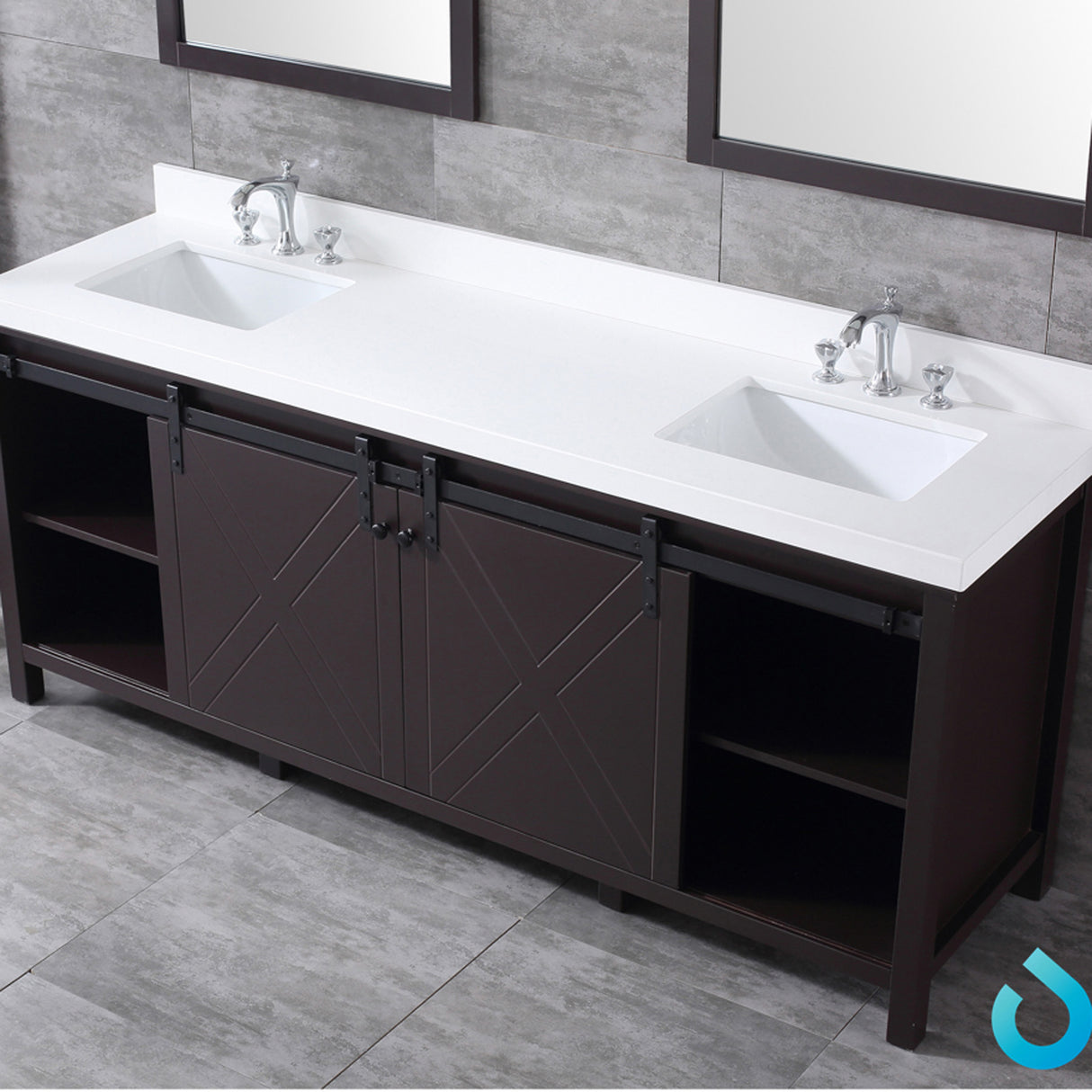 Marsyas 80" Rustic Brown Double Vanity, White Quartz Top, White Square Sinks and 30" Mirrors