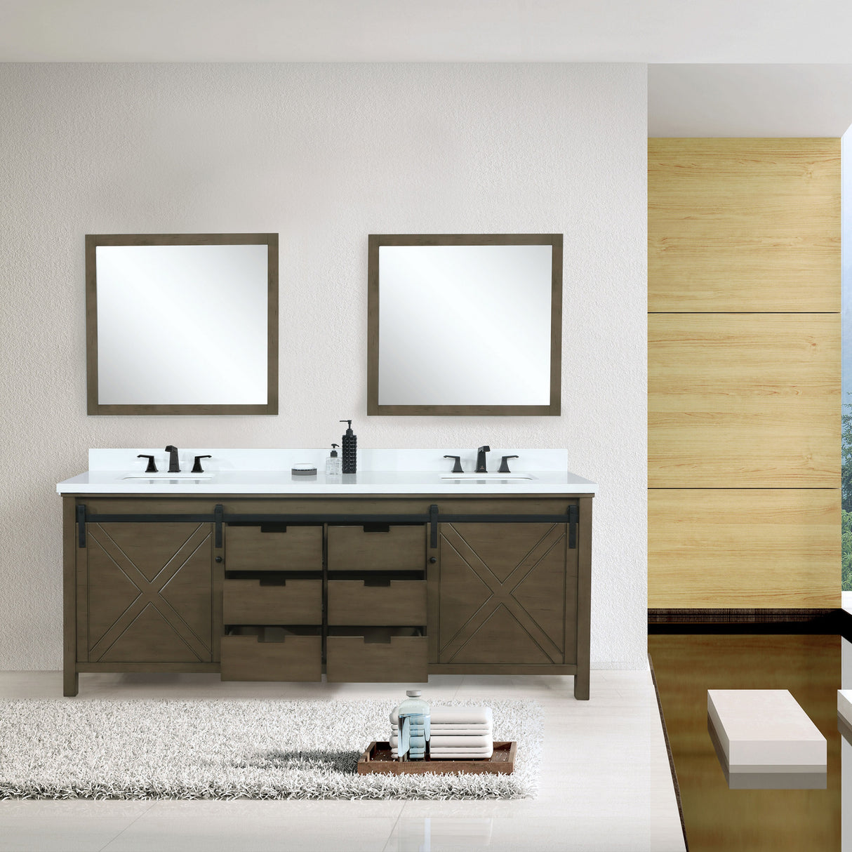 Marsyas 80" Rustic Brown Double Vanity, White Quartz Top, White Square Sinks and 30" Mirrors