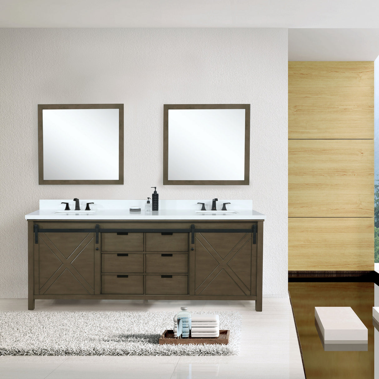 Marsyas 80" Rustic Brown Double Vanity, White Quartz Top, White Square Sinks and 30" Mirrors