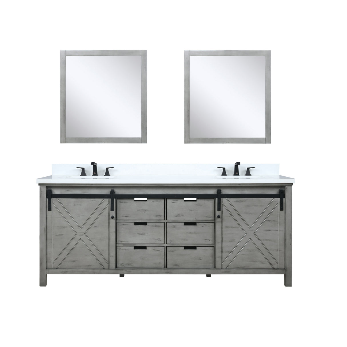Marsyas 80" Ash Grey Double Vanity Ash Grey, White Quartz Top, White Square Sinks and 30" Mirrors w/ Faucets