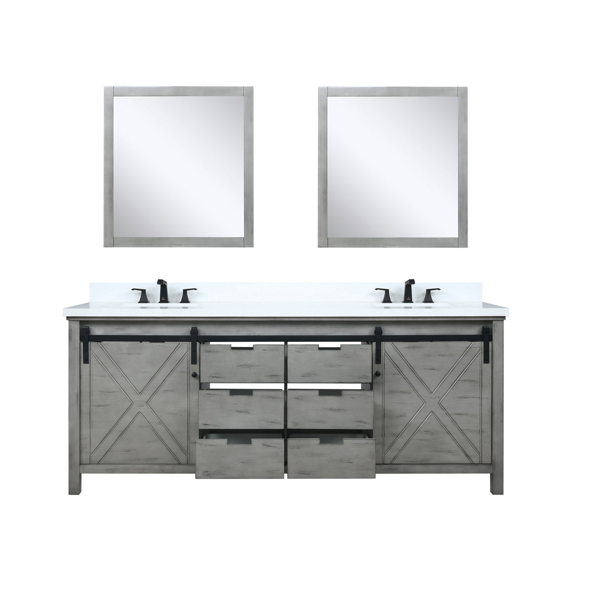 Marsyas 80" Ash Grey Double Vanity Ash Grey, White Quartz Top, White Square Sinks and 30" Mirrors