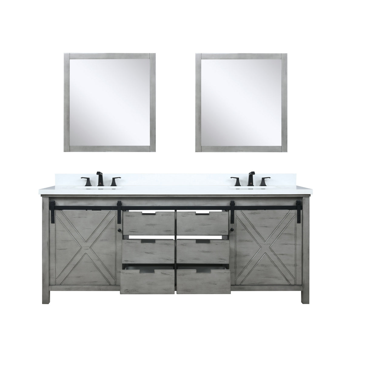 Marsyas 80" Ash Grey Double Vanity Ash Grey, White Quartz Top, White Square Sinks and 30" Mirrors w/ Faucets