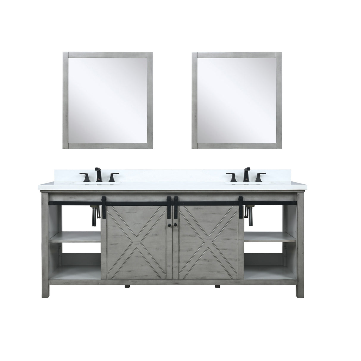 Marsyas 80" Ash Grey Double Vanity Ash Grey, White Quartz Top, White Square Sinks and 30" Mirrors