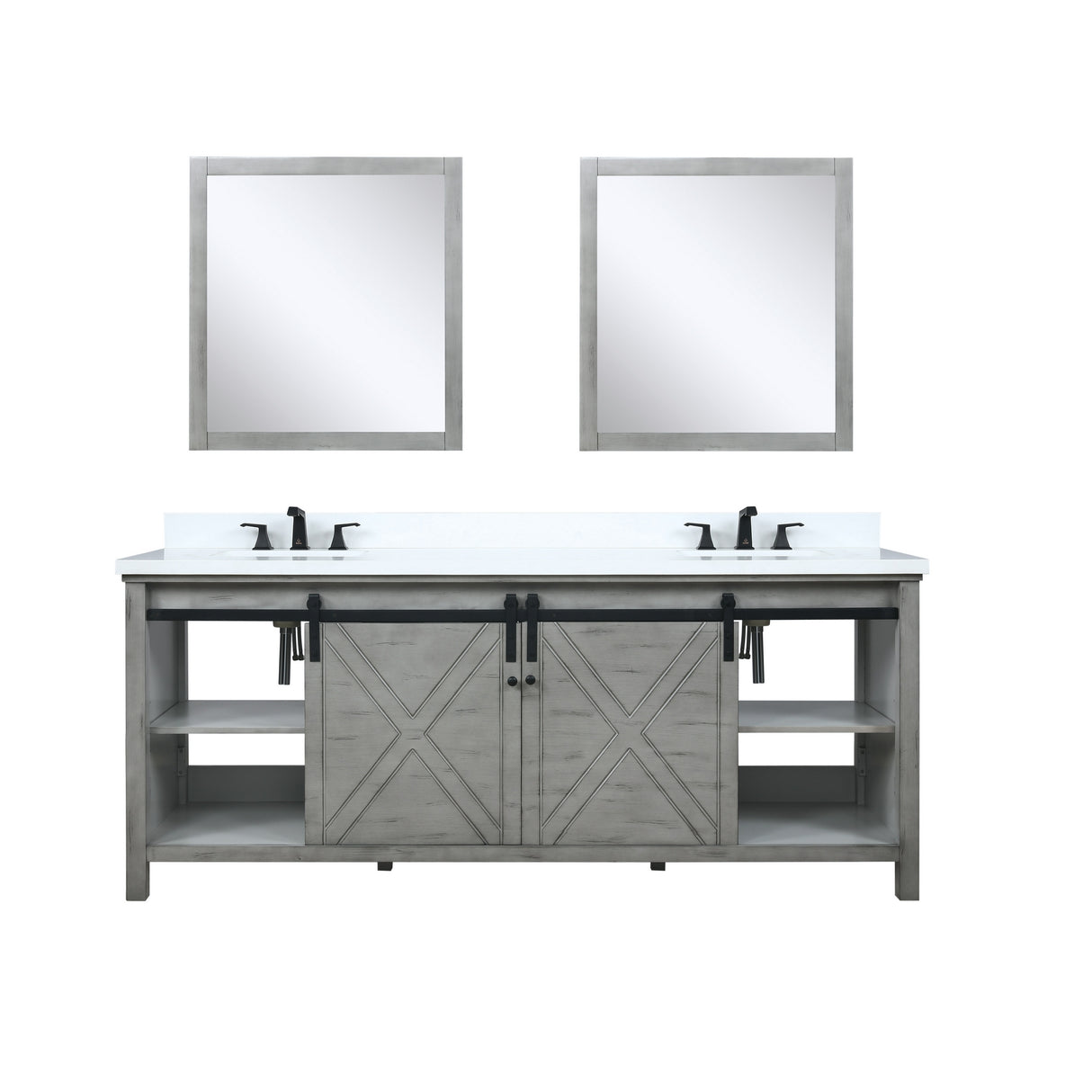 Marsyas 80" Ash Grey Double Vanity Ash Grey, White Quartz Top, White Square Sinks and 30" Mirrors w/ Faucets