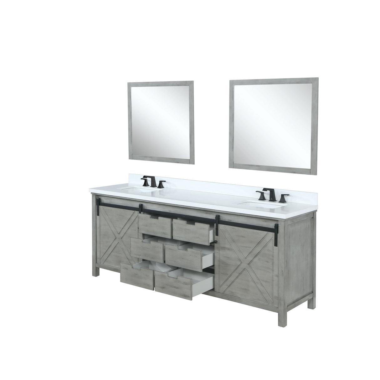 Marsyas 80" Ash Grey Double Vanity Ash Grey, White Quartz Top, White Square Sinks and 30" Mirrors w/ Faucets