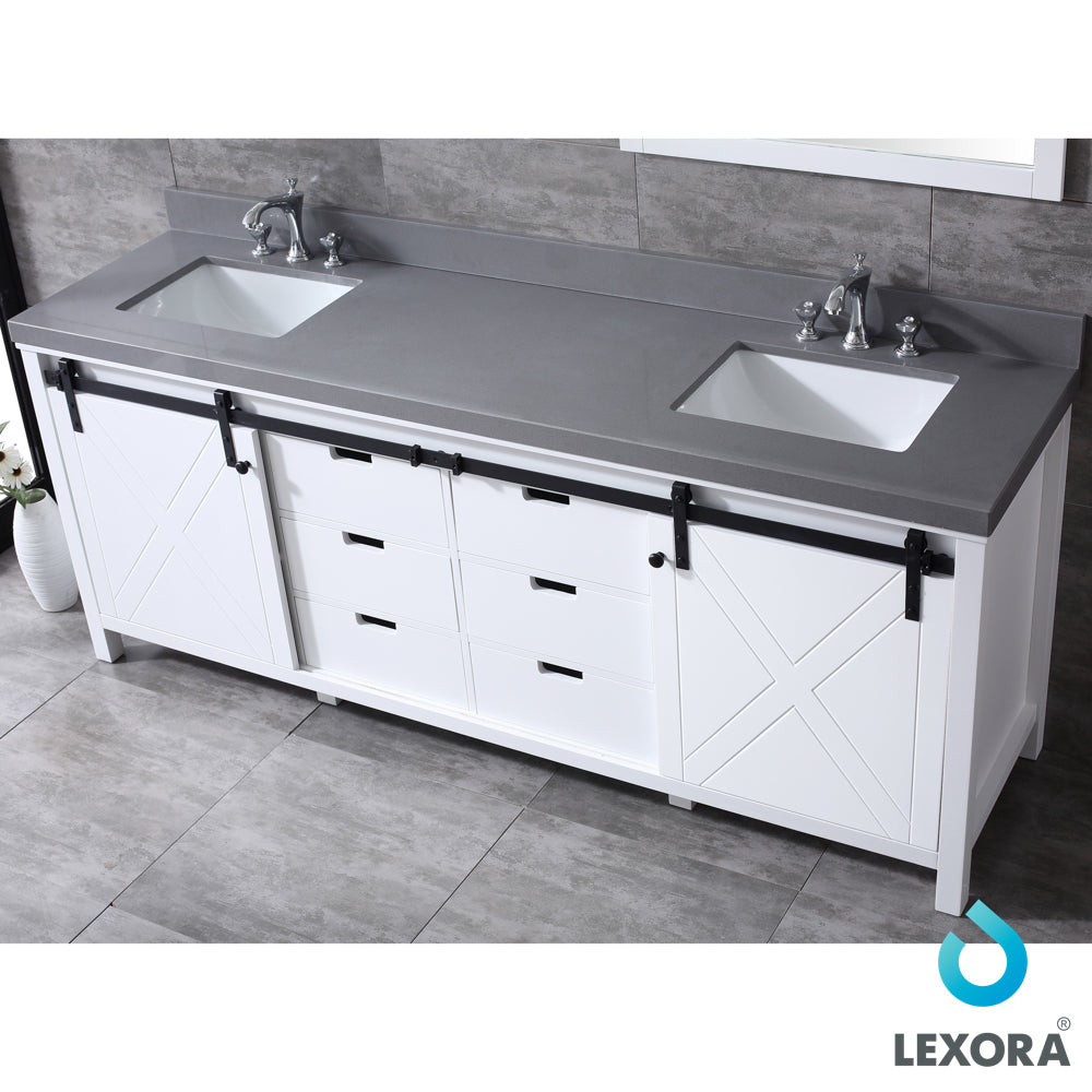 Marsyas 84" White Double Vanity, Grey Quartz Top, White Square Sinks and 34" Mirrors w/ Faucets