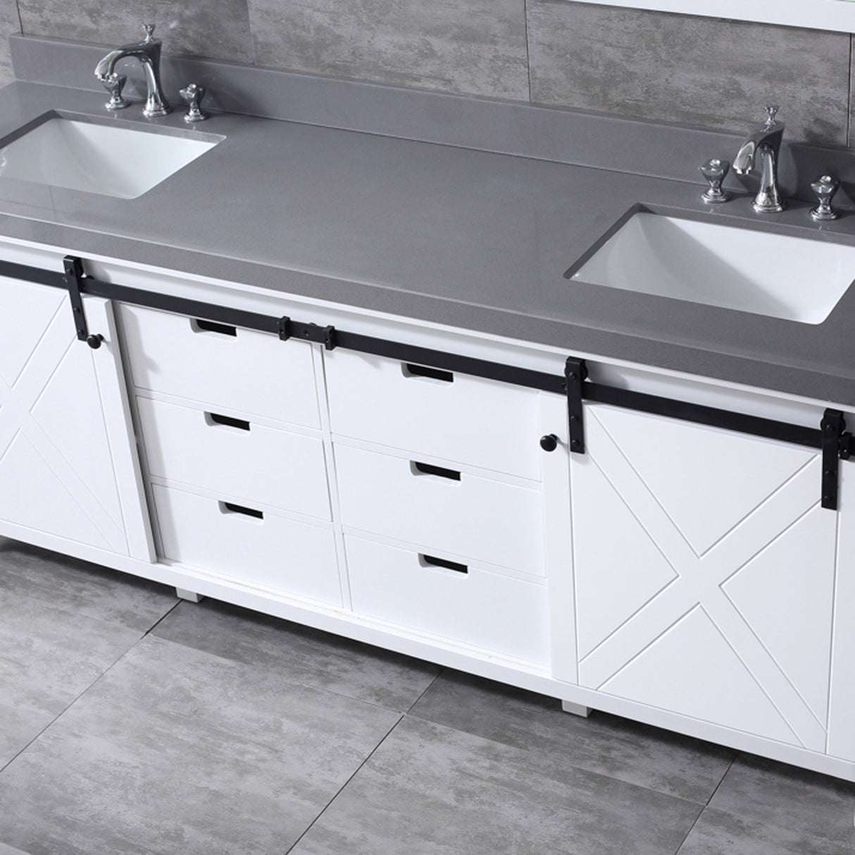 Marsyas 84" White Double Vanity, Grey Quartz Top, White Square Sinks and 34" Mirrors