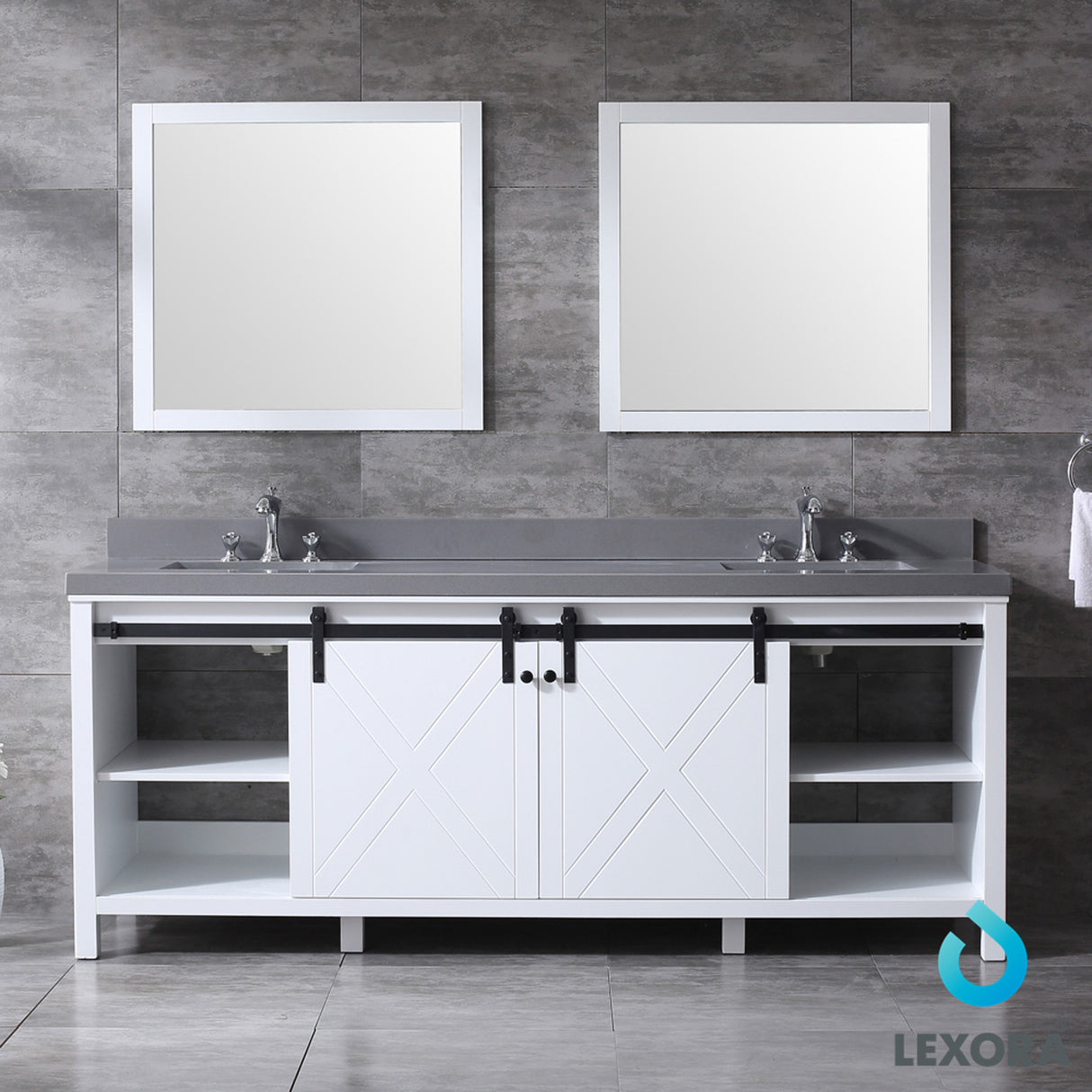 Marsyas 84" White Double Vanity, Grey Quartz Top, White Square Sinks and 34" Mirrors