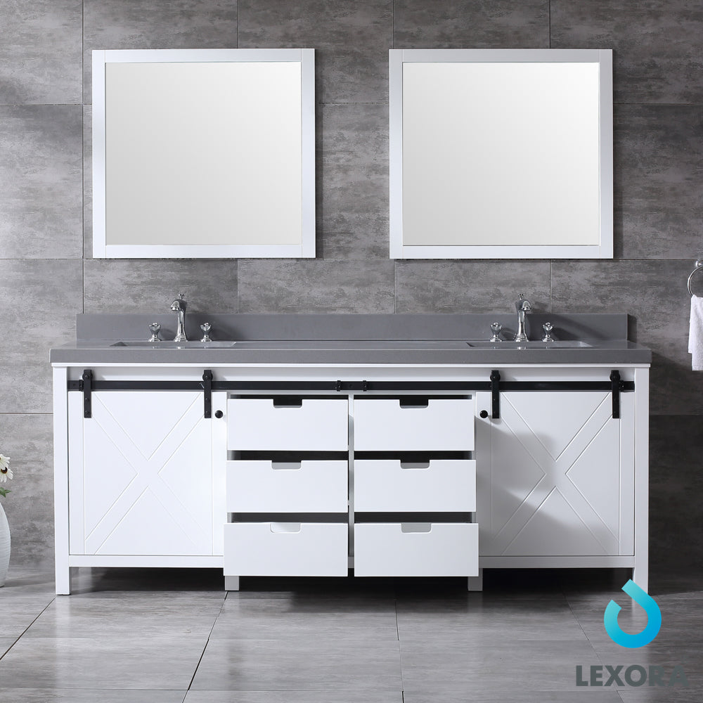 Marsyas 84" White Double Vanity, Grey Quartz Top, White Square Sinks and 34" Mirrors w/ Faucets