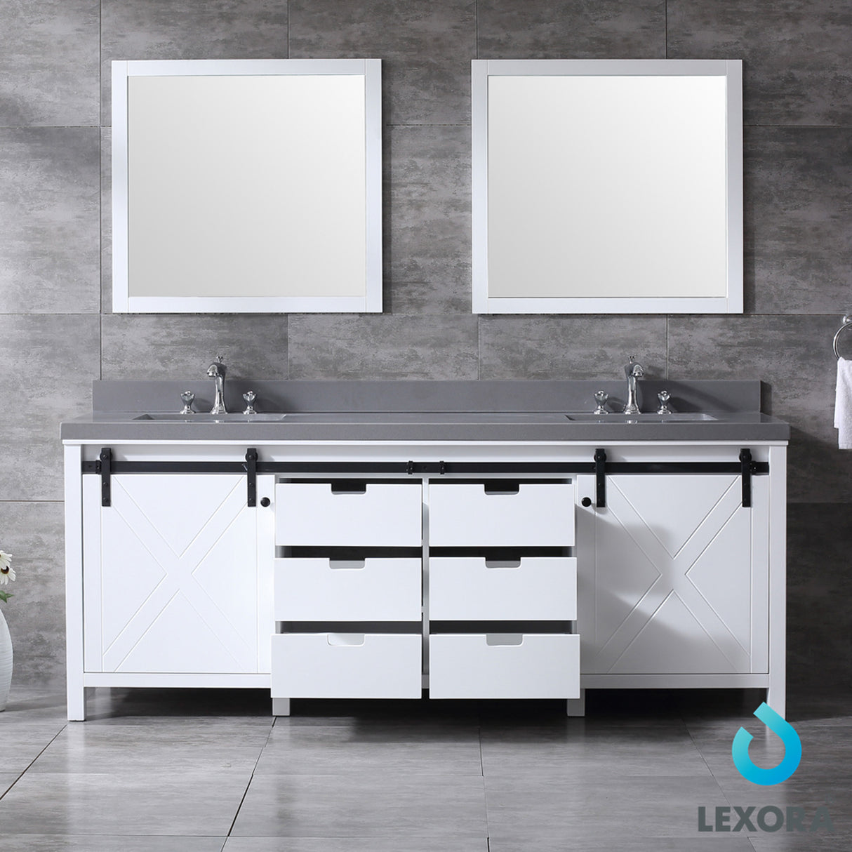 Marsyas 84" White Double Vanity, Grey Quartz Top, White Square Sinks and 34" Mirrors