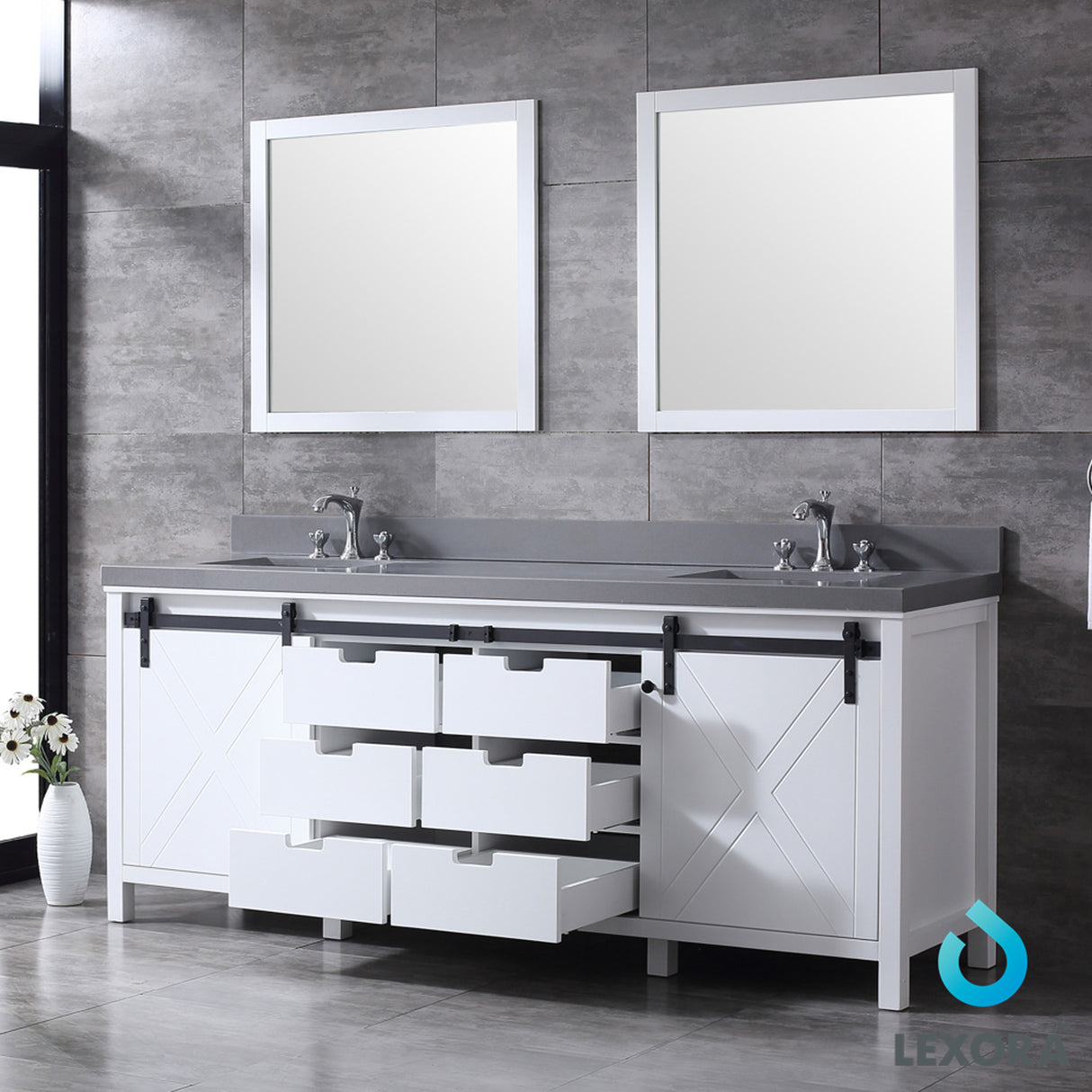 Marsyas 84" White Double Vanity, Grey Quartz Top, White Square Sinks and 34" Mirrors