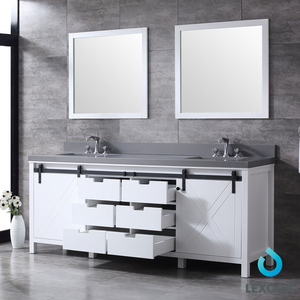 Marsyas 84" White Double Vanity, Grey Quartz Top, White Square Sinks and 34" Mirrors w/ Faucets