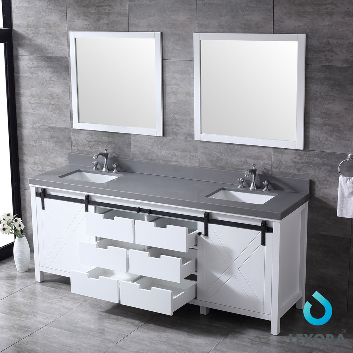 Marsyas 84" White Double Vanity, Grey Quartz Top, White Square Sinks and 34" Mirrors