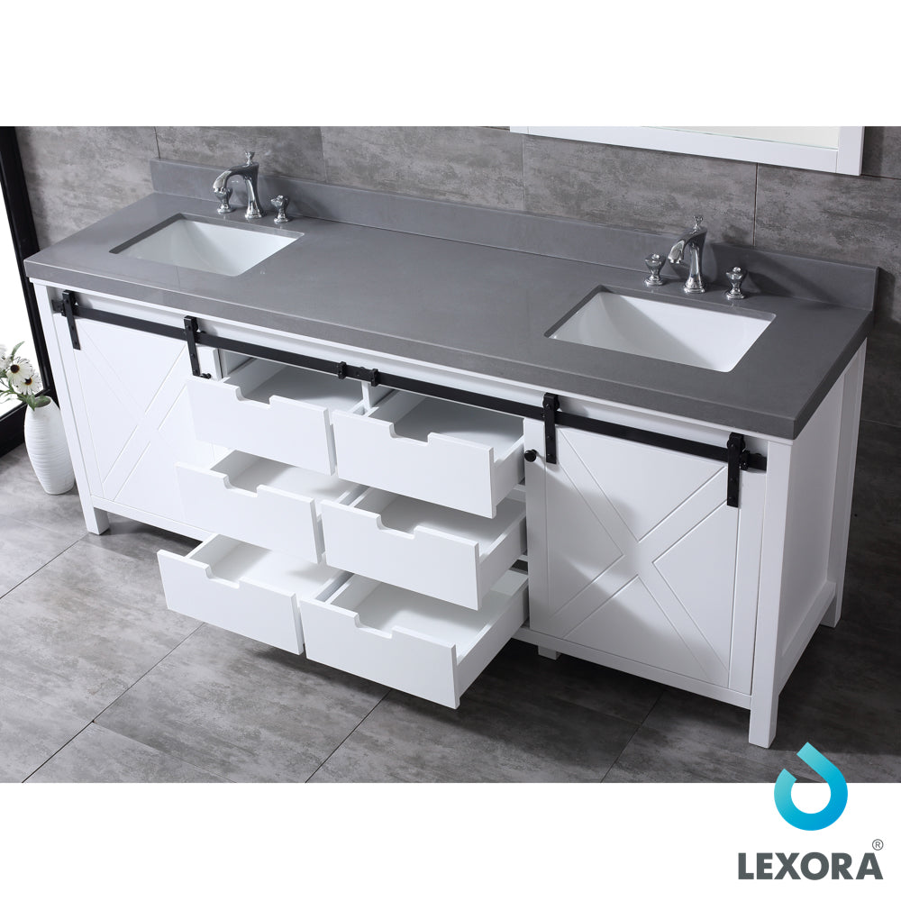 Marsyas 84" White Double Vanity, Grey Quartz Top, White Square Sinks and 34" Mirrors w/ Faucets