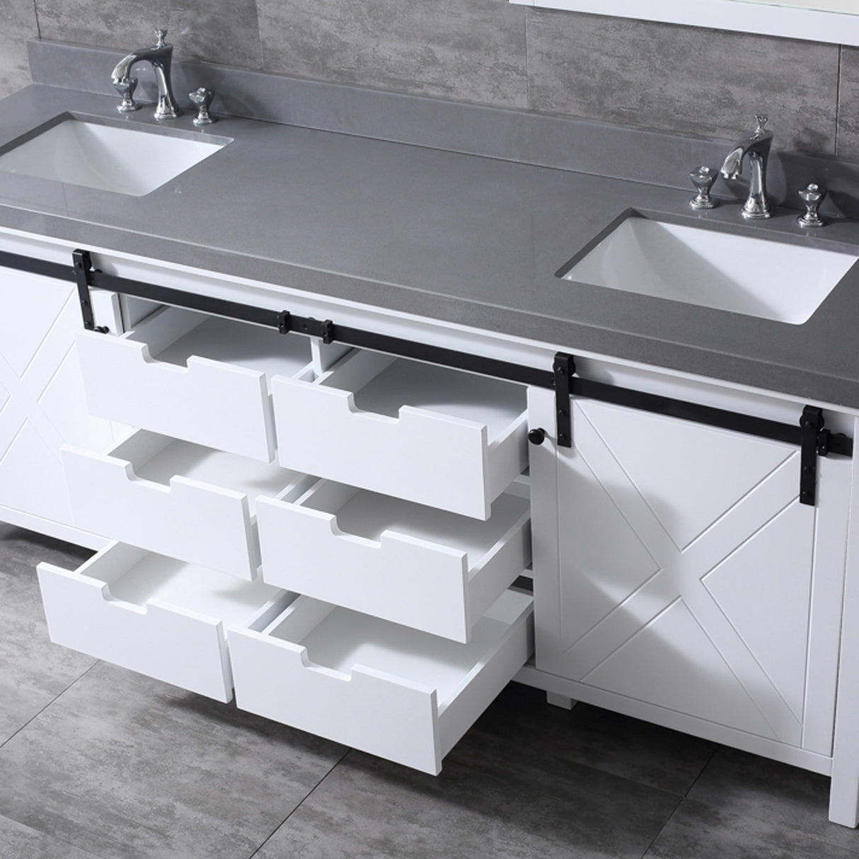 Marsyas 84" White Double Vanity, Grey Quartz Top, White Square Sinks and 34" Mirrors
