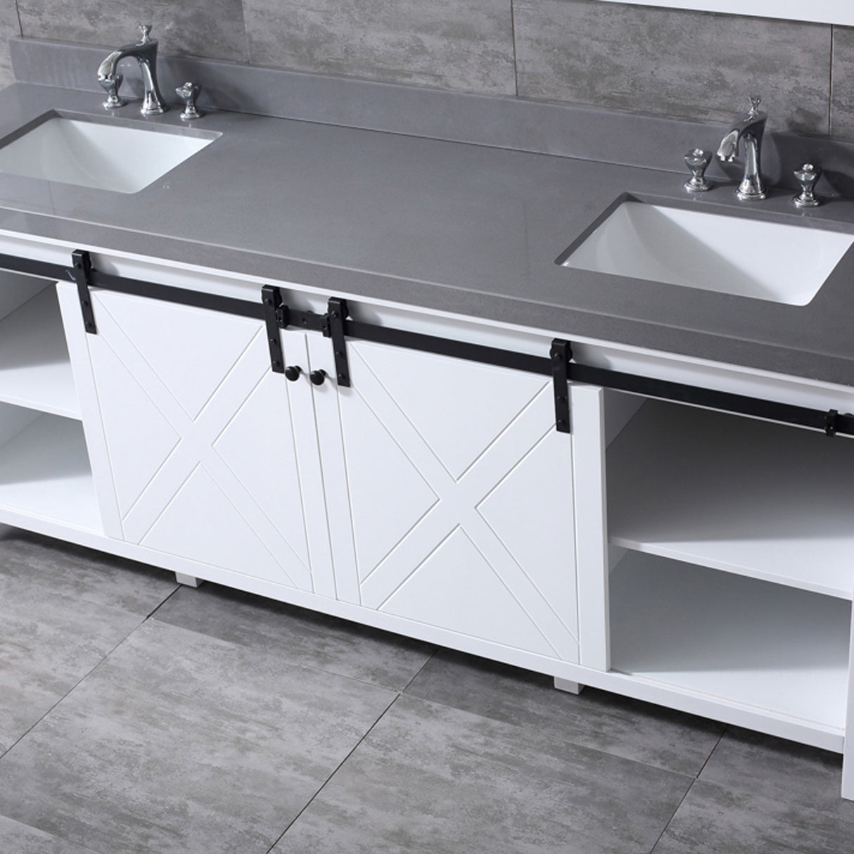 Marsyas 84" White Double Vanity, Grey Quartz Top, White Square Sinks and 34" Mirrors