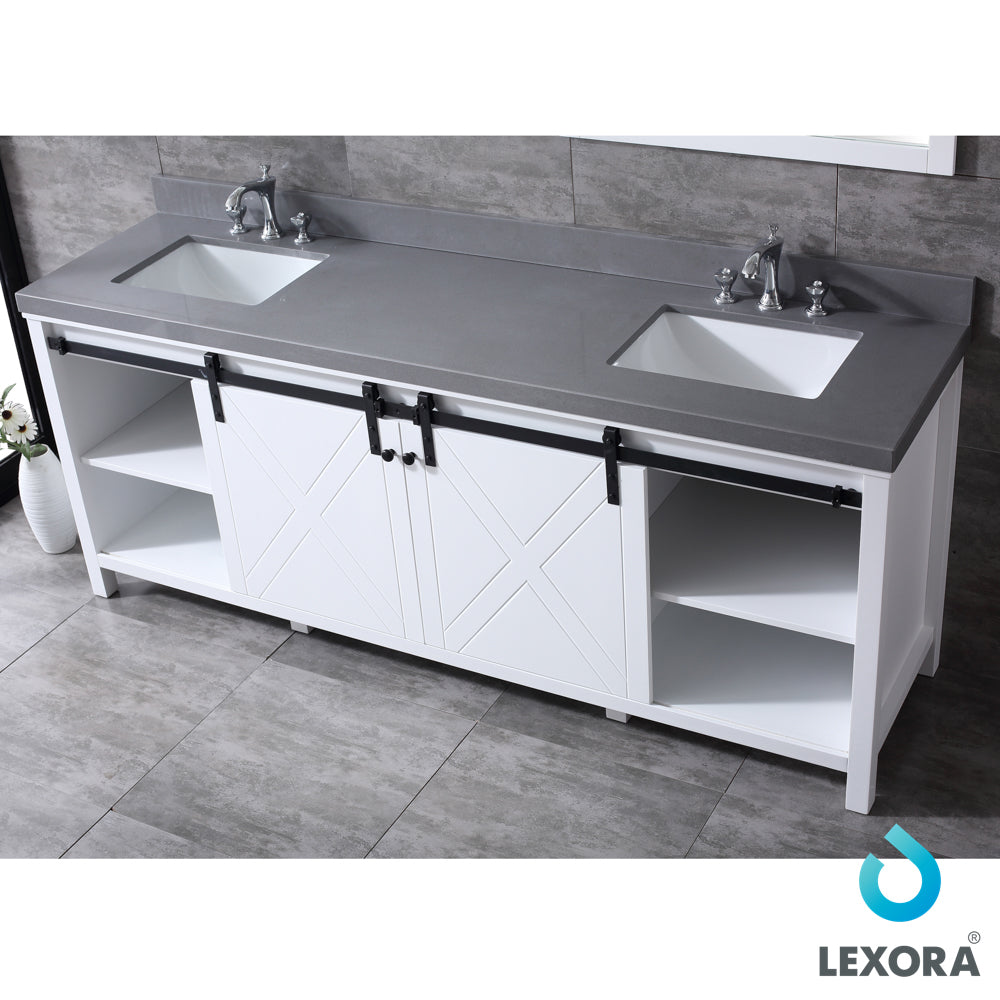 Marsyas 84" White Double Vanity, Grey Quartz Top, White Square Sinks and 34" Mirrors w/ Faucets