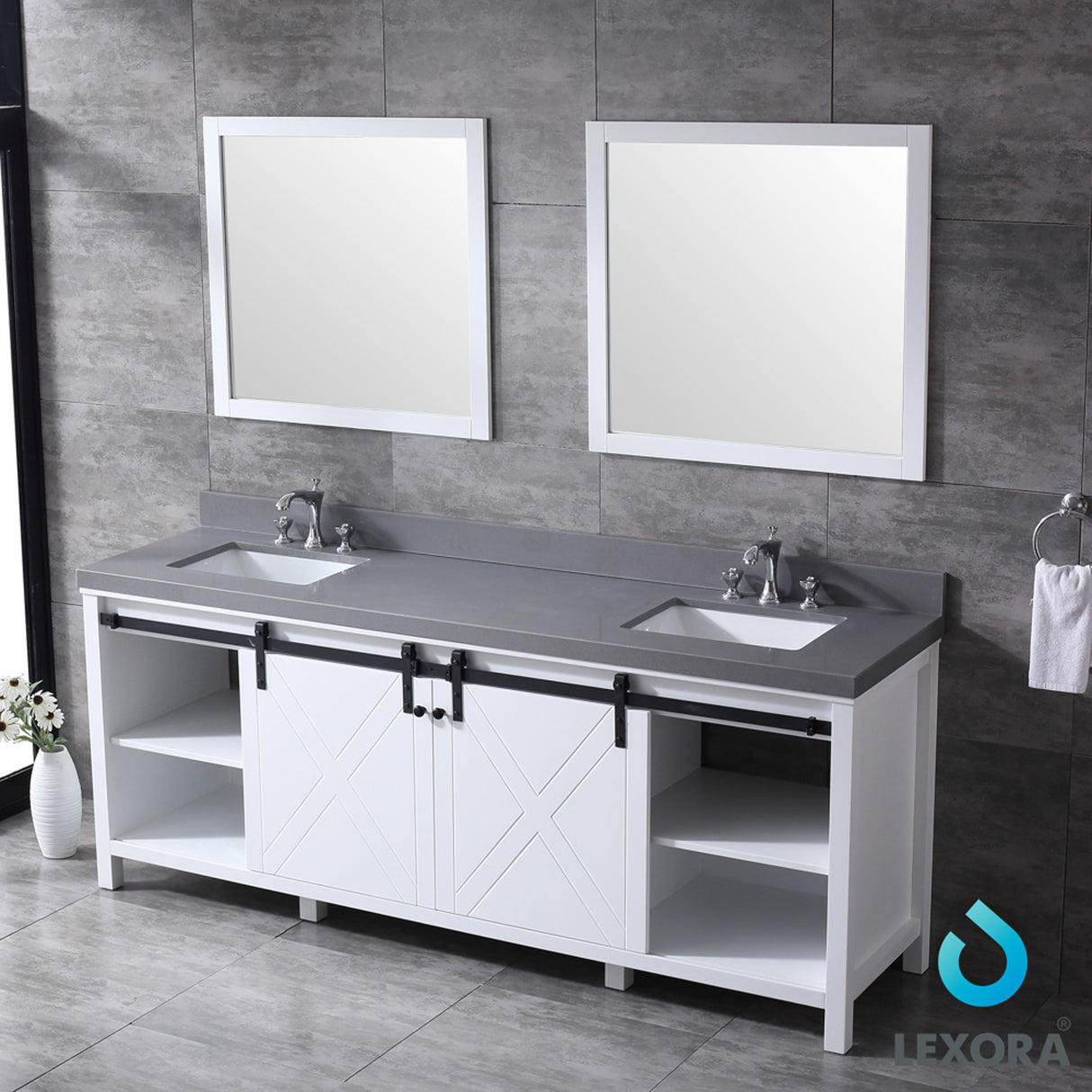 Marsyas 84" White Double Vanity, Grey Quartz Top, White Square Sinks and 34" Mirrors