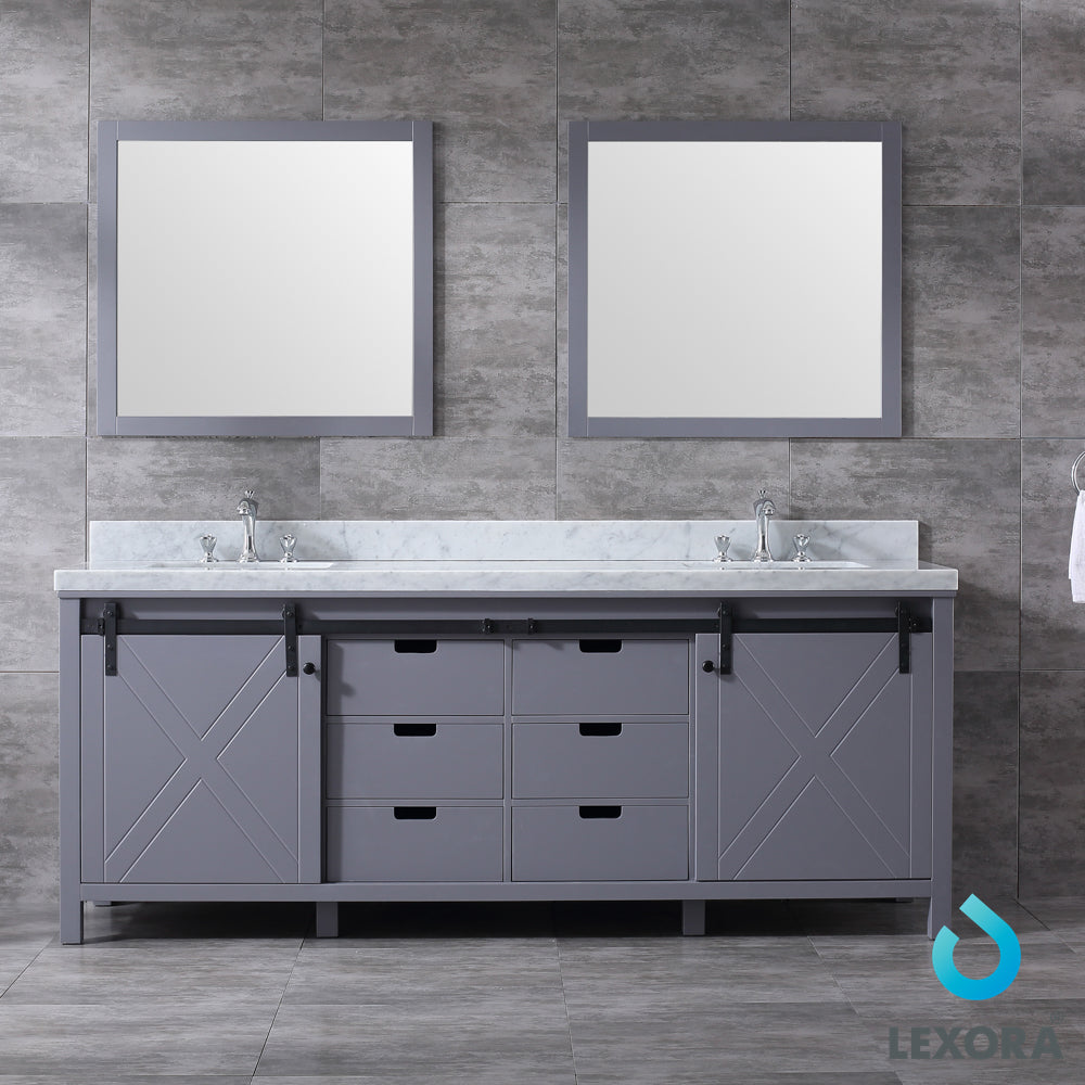 Marsyas 84" Dark Grey Double Vanity, White Carrara Marble Top, White Square Sinks and 34" Mirrors w/ Faucets