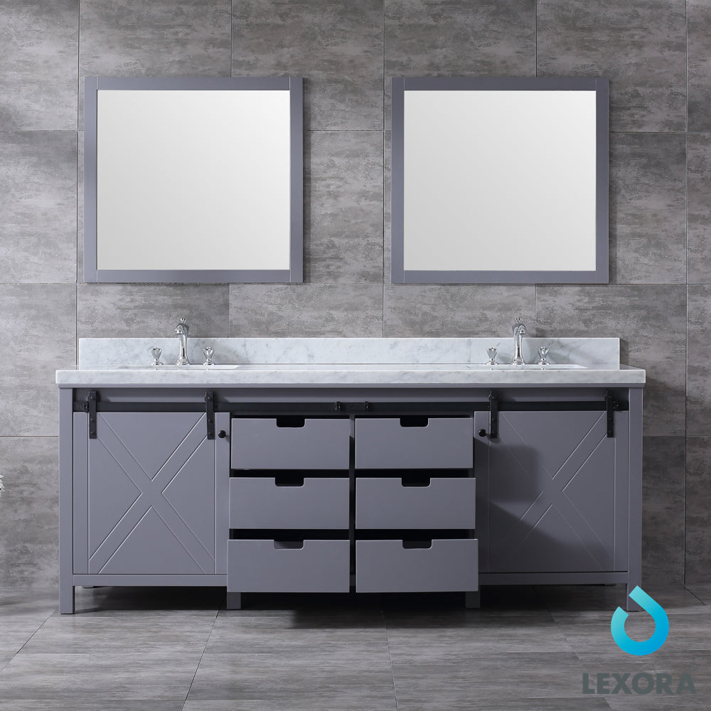 Marsyas 84" Dark Grey Double Vanity, White Carrara Marble Top, White Square Sinks and 34" Mirrors w/ Faucets