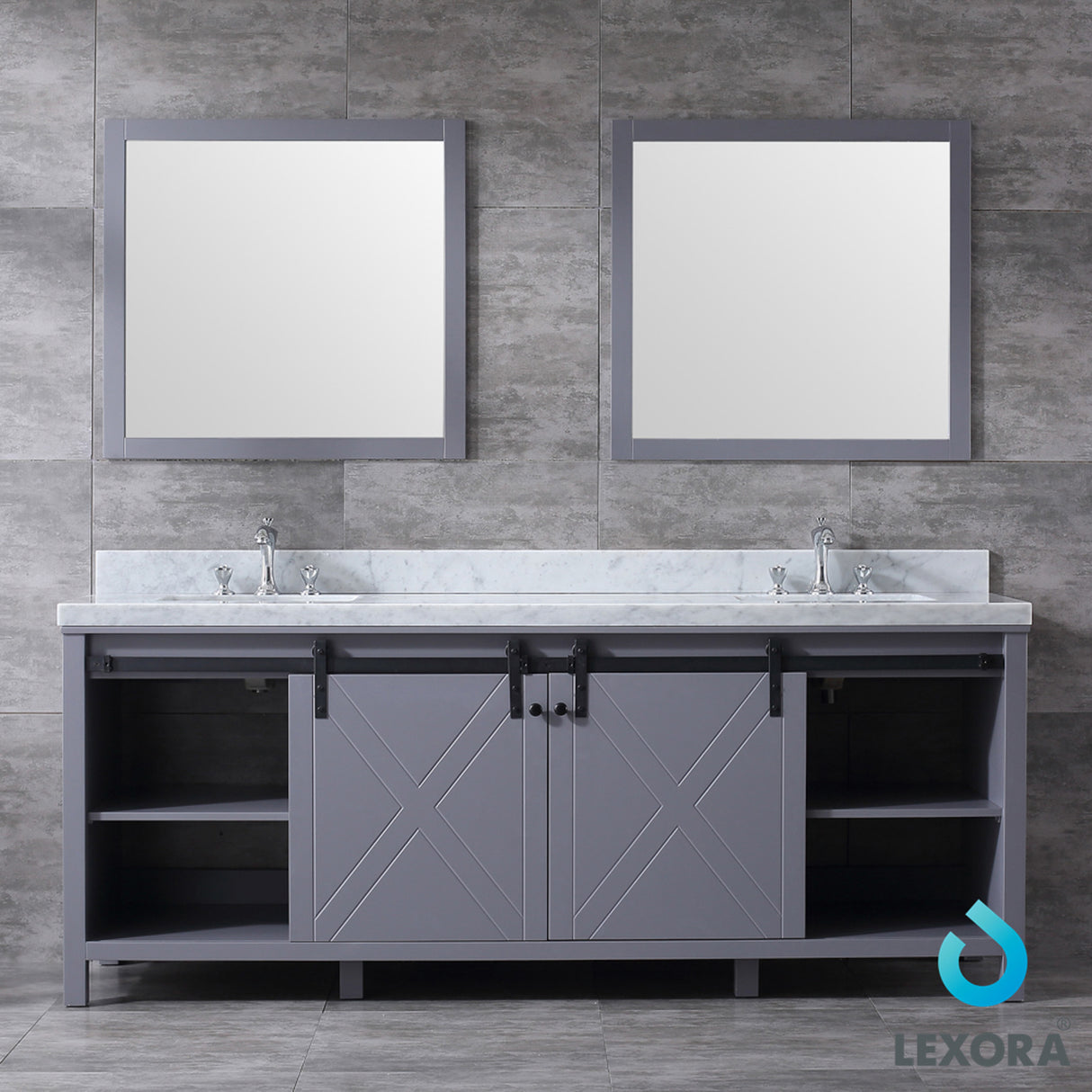 Marsyas 84" Dark Grey Double Vanity, White Carrara Marble Top, White Square Sinks and 34" Mirrors