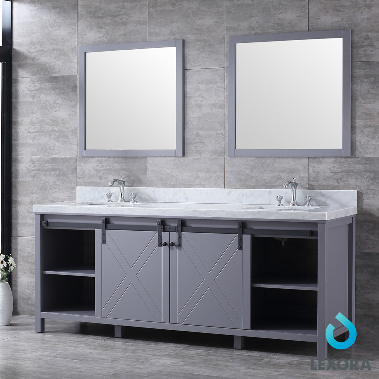 Marsyas 84" Dark Grey Double Vanity, White Carrara Marble Top, White Square Sinks and 34" Mirrors