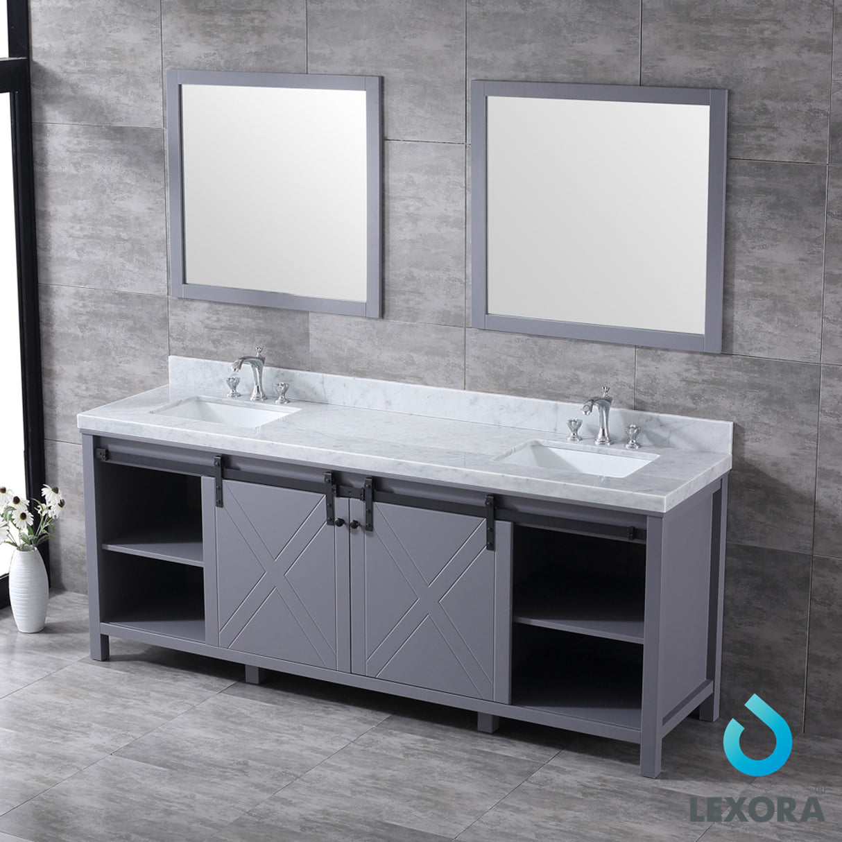 Marsyas 84" Dark Grey Double Vanity, White Carrara Marble Top, White Square Sinks and 34" Mirrors
