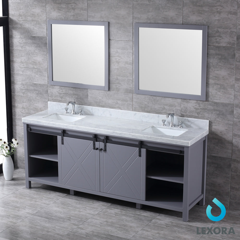 Marsyas 84" Dark Grey Double Vanity, White Carrara Marble Top, White Square Sinks and 34" Mirrors w/ Faucets
