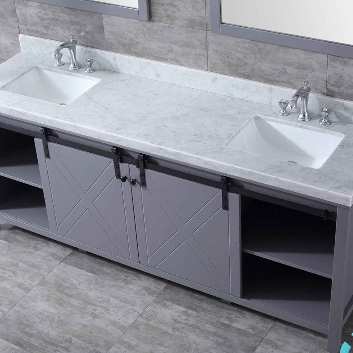 Marsyas 84" Dark Grey Double Vanity, White Carrara Marble Top, White Square Sinks and 34" Mirrors