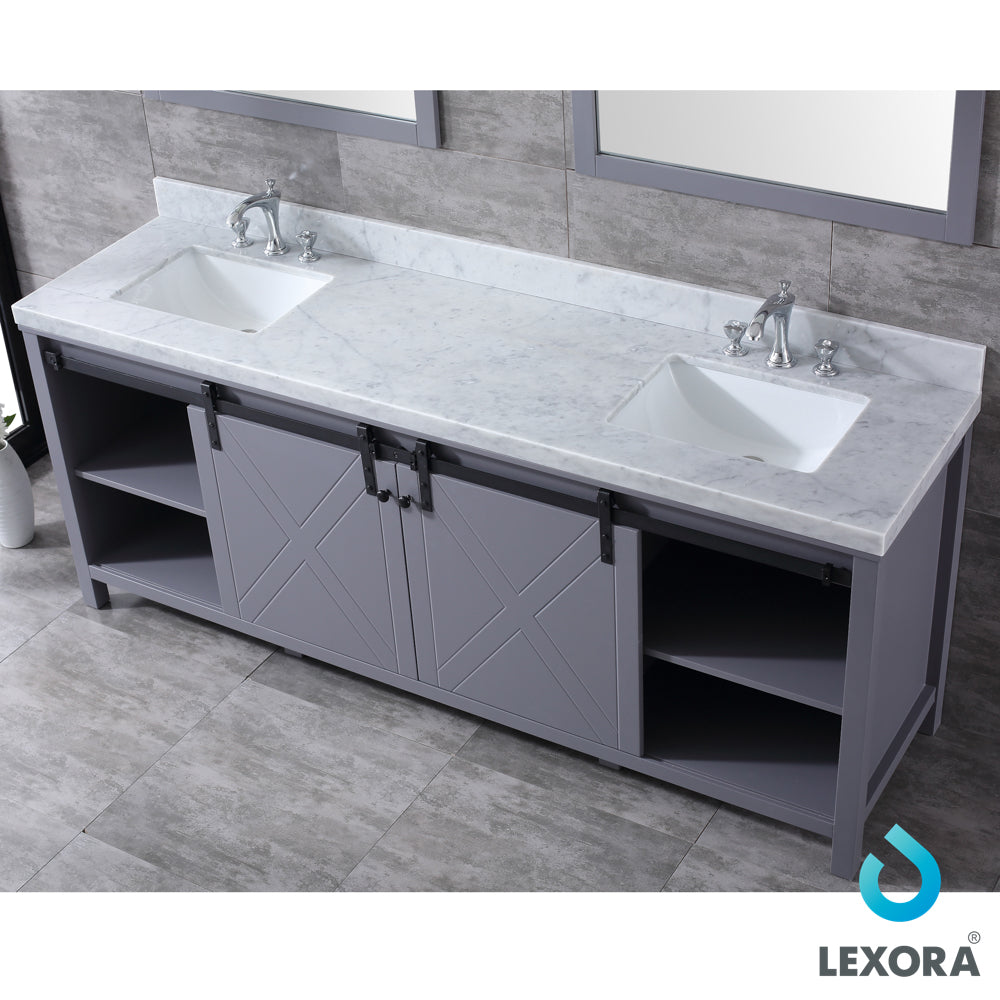 Marsyas 84" Dark Grey Double Vanity, White Carrara Marble Top, White Square Sinks and 34" Mirrors w/ Faucets