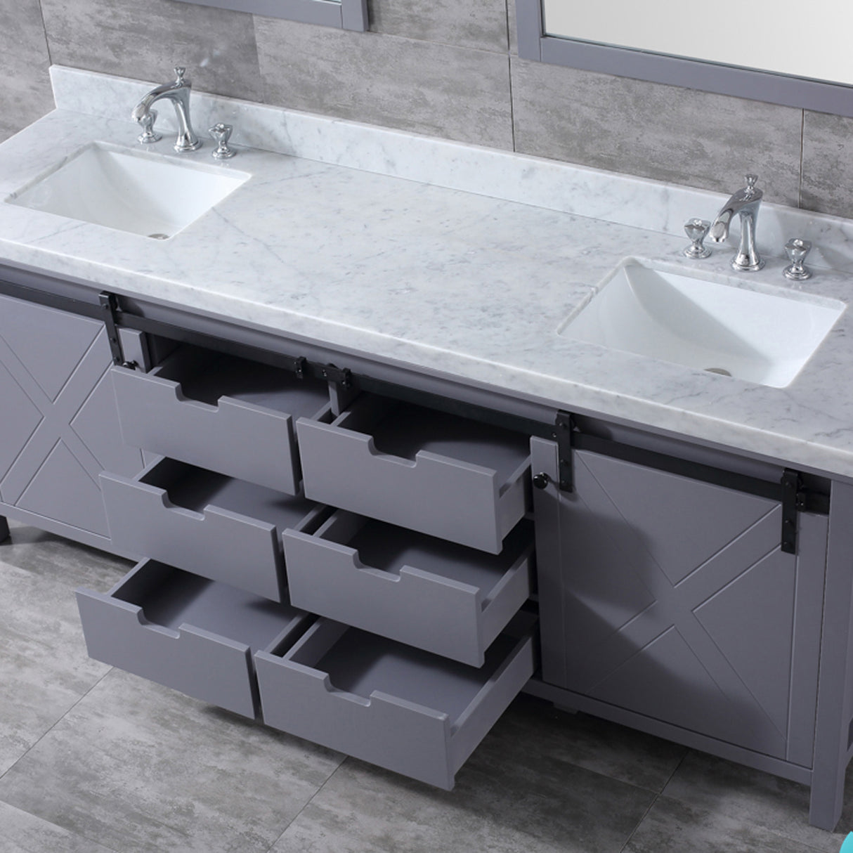 Marsyas 84" Dark Grey Double Vanity, White Carrara Marble Top, White Square Sinks and 34" Mirrors