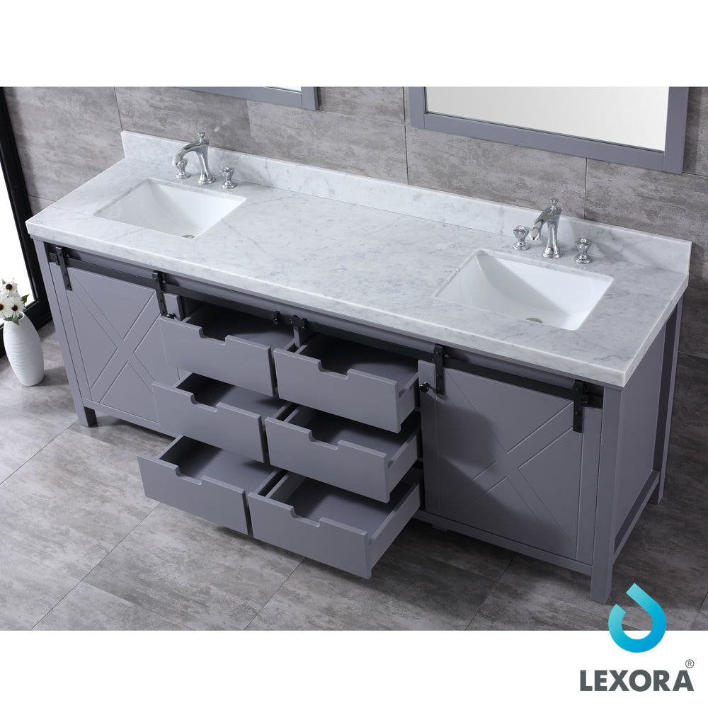 Marsyas 84" Dark Grey Double Vanity, White Carrara Marble Top, White Square Sinks and 34" Mirrors w/ Faucets