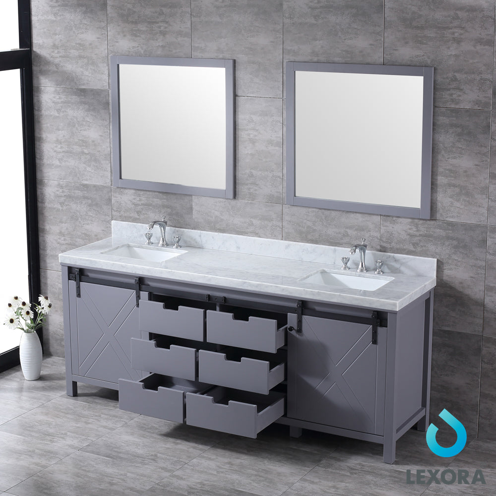 Marsyas 84" Dark Grey Double Vanity, White Carrara Marble Top, White Square Sinks and 34" Mirrors w/ Faucets