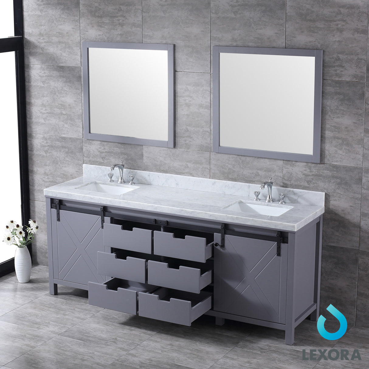 Marsyas 84" Dark Grey Double Vanity, White Carrara Marble Top, White Square Sinks and 34" Mirrors