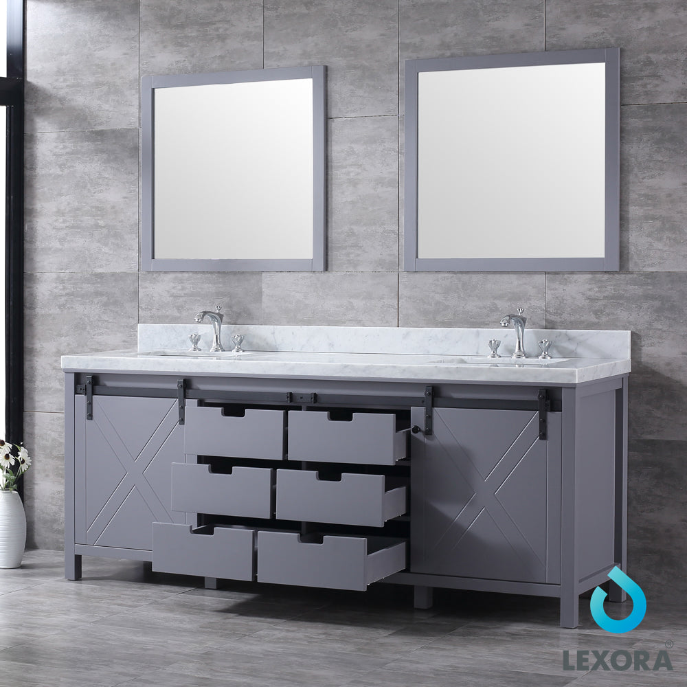 Marsyas 84" Dark Grey Double Vanity, White Carrara Marble Top, White Square Sinks and 34" Mirrors w/ Faucets