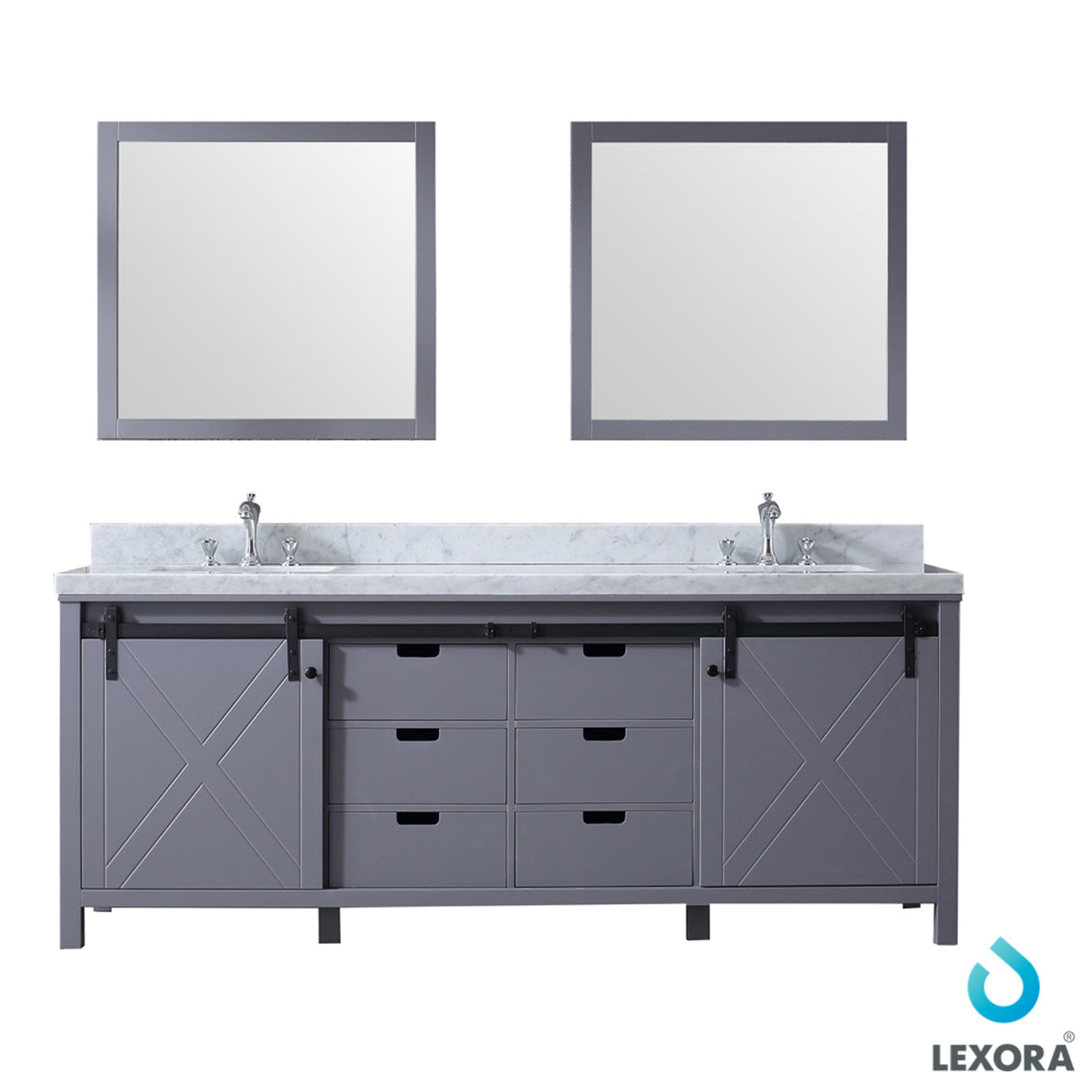 Marsyas 84" Dark Grey Double Vanity, White Carrara Marble Top, White Square Sinks and 34" Mirrors