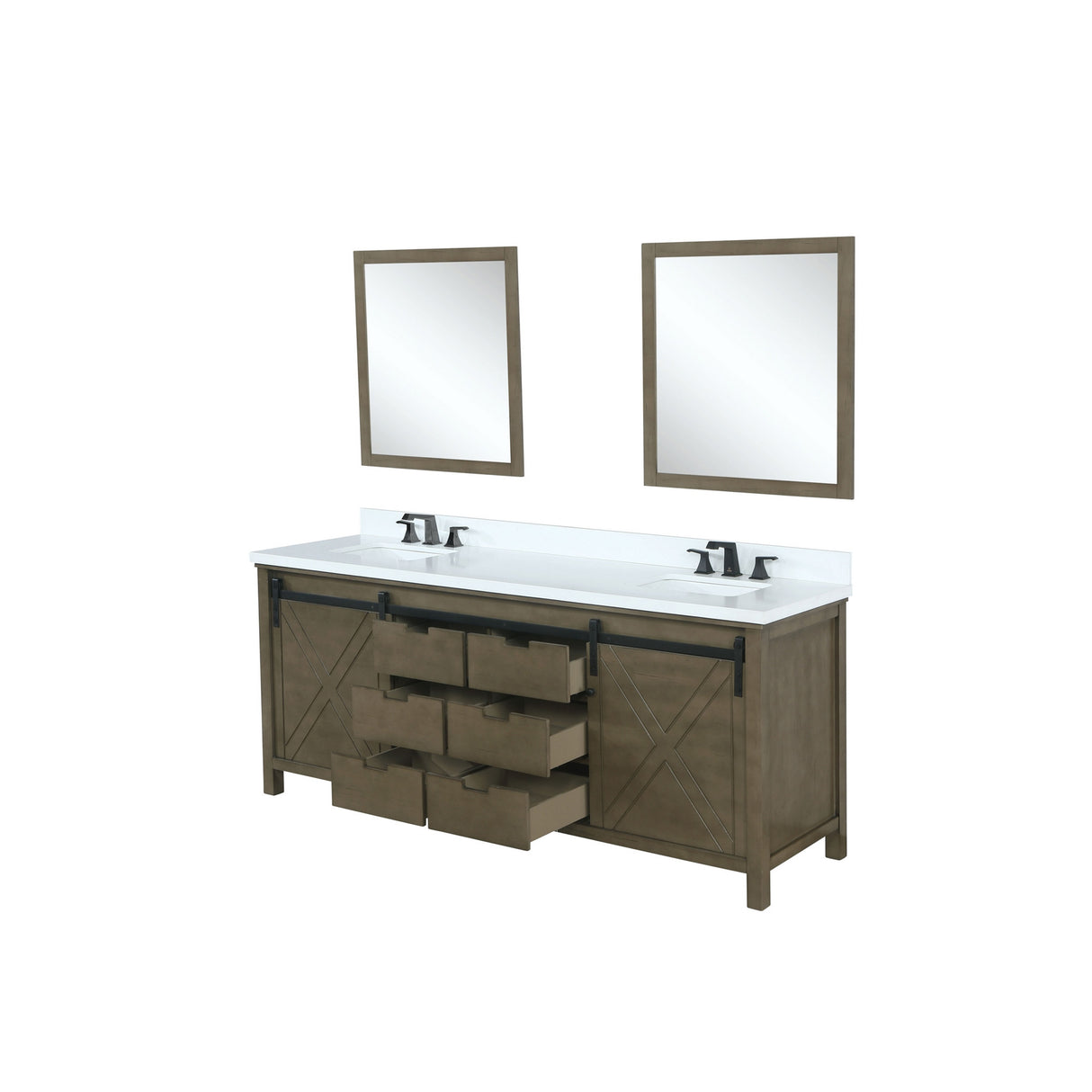 Marsyas 84" Brown Double Vanity, White Quartz Top, White Square Sinks and 34" Mirrors