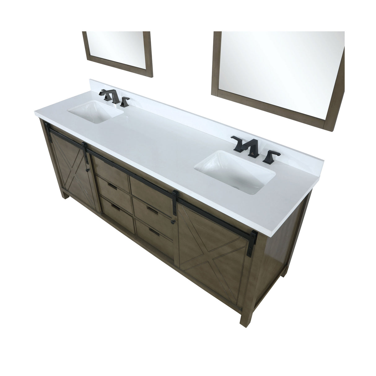 Marsyas 84" Brown Double Vanity, White Quartz Top, White Square Sinks and 34" Mirrors