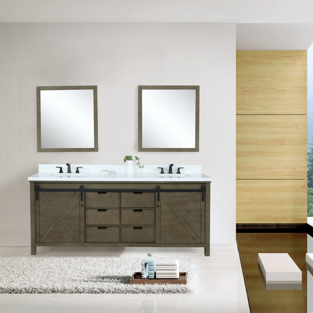 Marsyas 84" Brown Double Vanity, White Quartz Top, White Square Sinks and 34" Mirrors