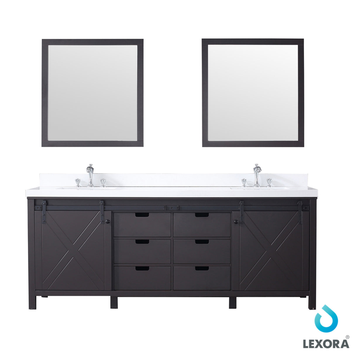Marsyas 84" Brown Double Vanity, White Quartz Top, White Square Sinks and 34" Mirrors