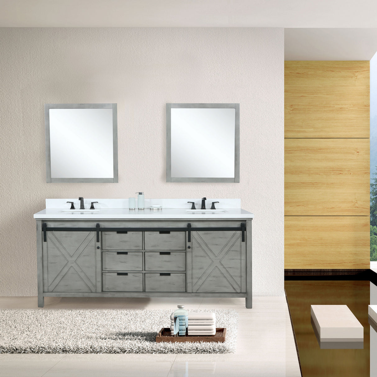 Marsyas 84" Ash Grey Double Vanity, White Quartz Top, White Square Sinks and 34" Mirrors