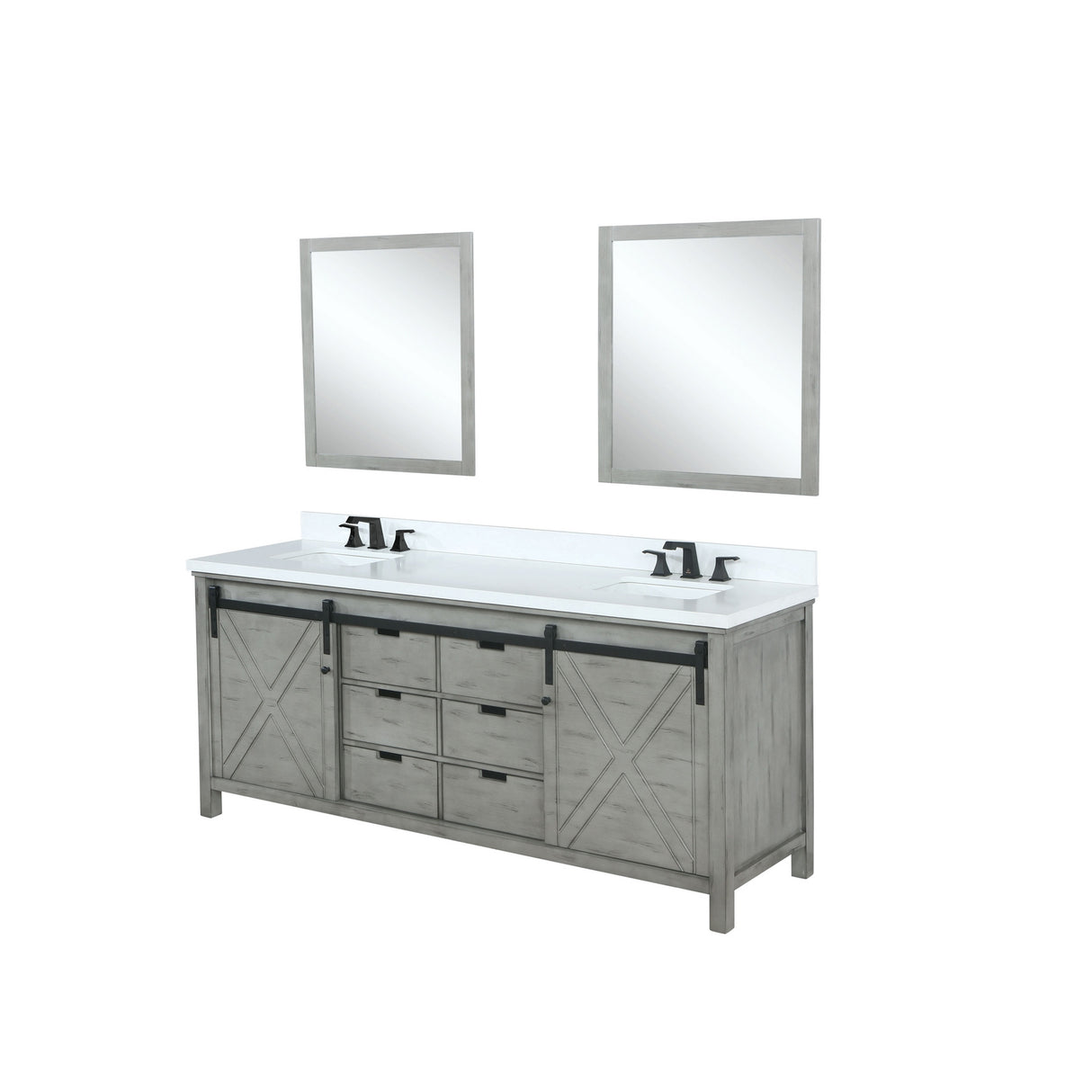 Marsyas 84" Ash Grey Double Vanity, White Quartz Top, White Square Sinks and 34" Mirrors